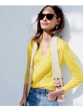 J.Crew Silk Linen V-Neck Sweater XS Yellow 3/4 Sleeve Lightweight Knit Top